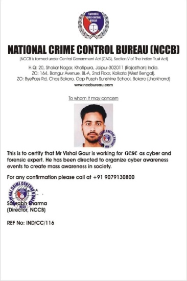 NCCB Official Certification for Vishal Gaur as Cyber and Forensic Expert
