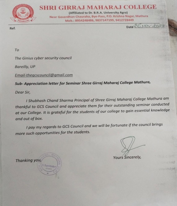 Appreciation letter from Shri Girraj Maharaj College Mathura to GCS Council