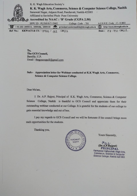 Appreciation letter from K.K. Wagh College Nashik for outstanding webinar conducted by GCS Council