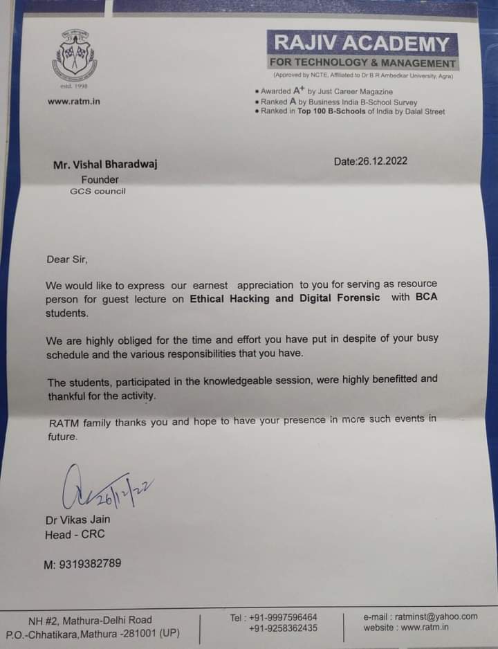 Appreciation letter from Rajiv Academy for Technology and Management for Ethical Hacking lecture