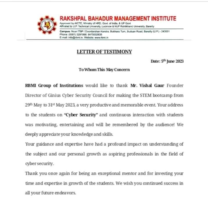 Letter of Testimony from RBMI Group of Institutions Bareilly praising GCS Council STEM bootcamp