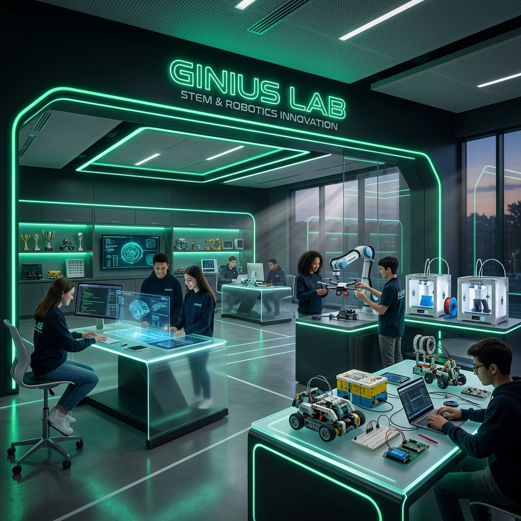 Futuristic Ginius STEM & Robotics Innovation Lab rendering with interactive robotics and glowing cyber-green neon lights